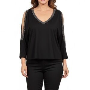 Cache Black Embellished cold shoulder V-Neck Top size S